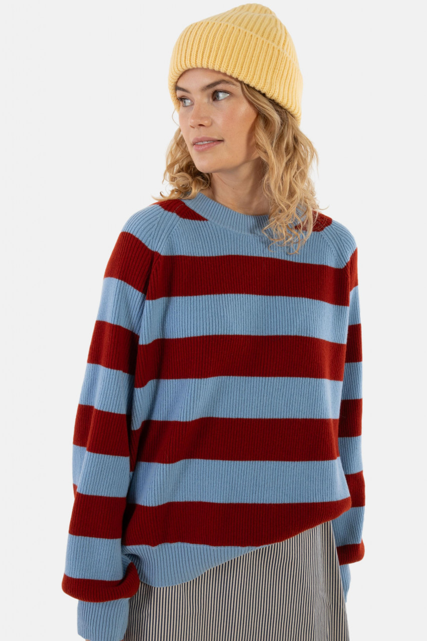 Danefae Strickpullover Danerelation Damen Hellblau Rot Streifen Chunky Rippstrick