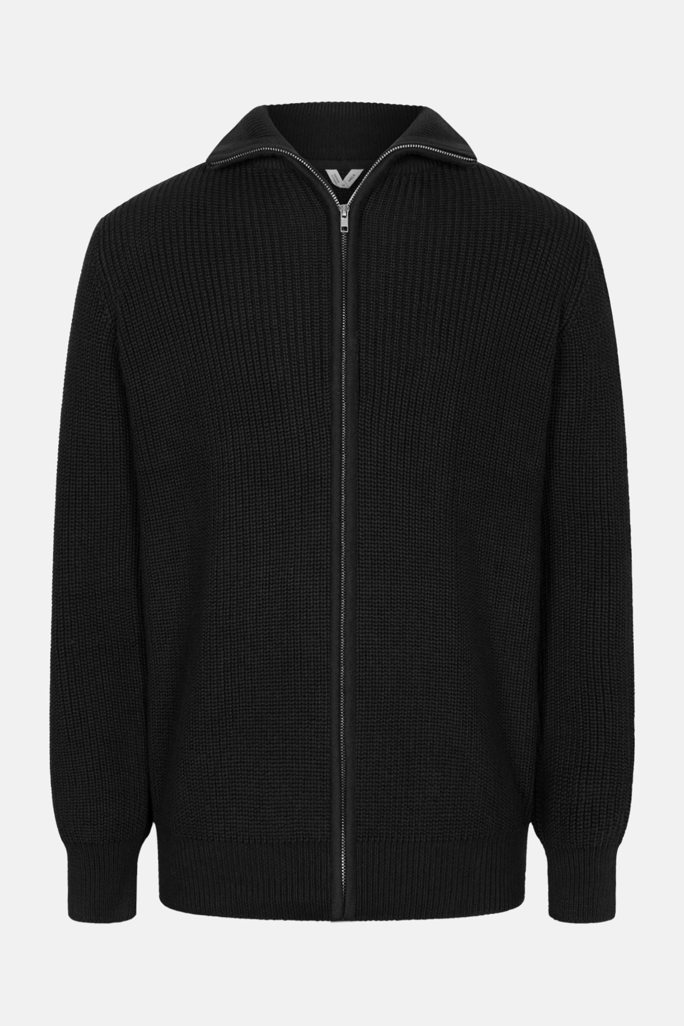 MELA Strickjacke TAKSH Herren Schwarz Baumwolle Stehkragen Troyer GOTS Organic