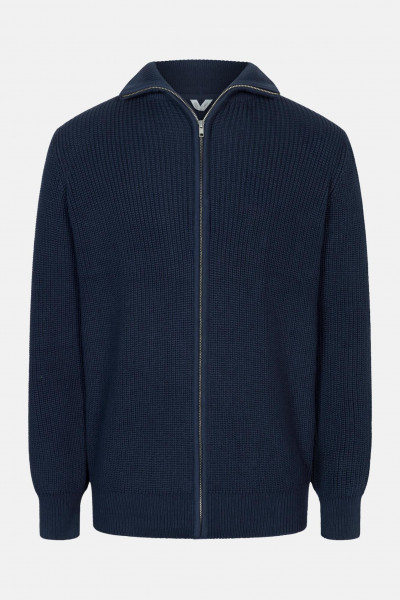MELA Rippstrick Strickjacke TAKSH Herren Blau Navy Baumwolle Stehkragen Troyer GOTS Organic