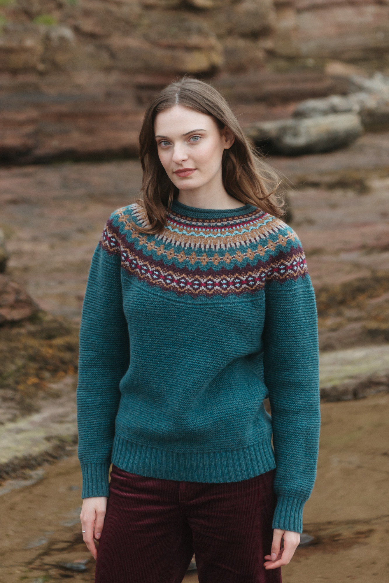 ERIBÉ Pullover Stoneybrek Damen Petrol Grün Braun Rot Fairisle