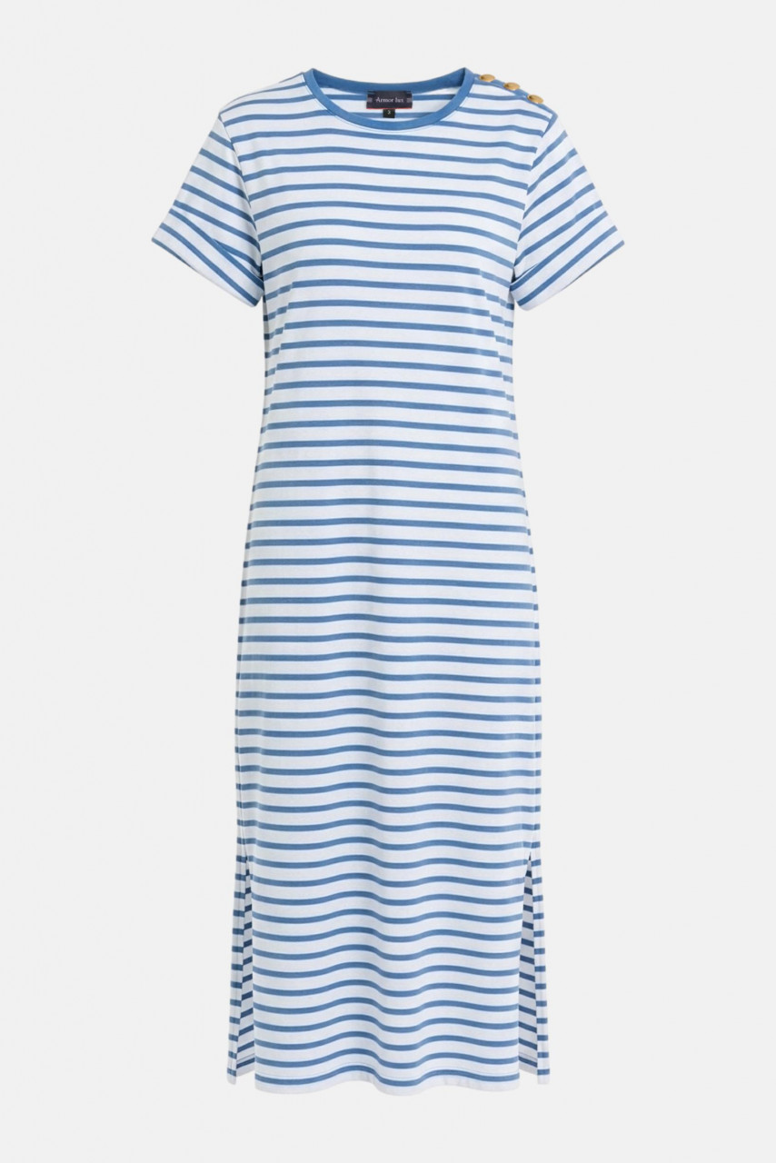 Armor Lux Kleid Damen Weiß Blau Mariniere Gestreift Schulterknöpfe