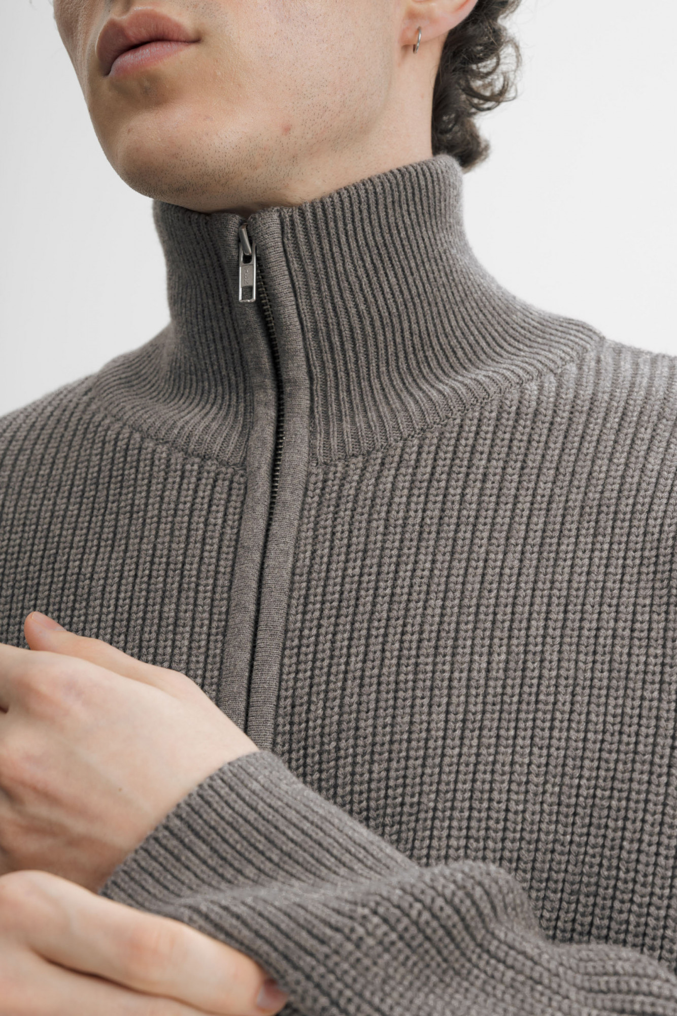 MELA Strickjacke TAKSH Herren Braun Meliert Baumwolle Stehkragen Troyer GOTS Organic