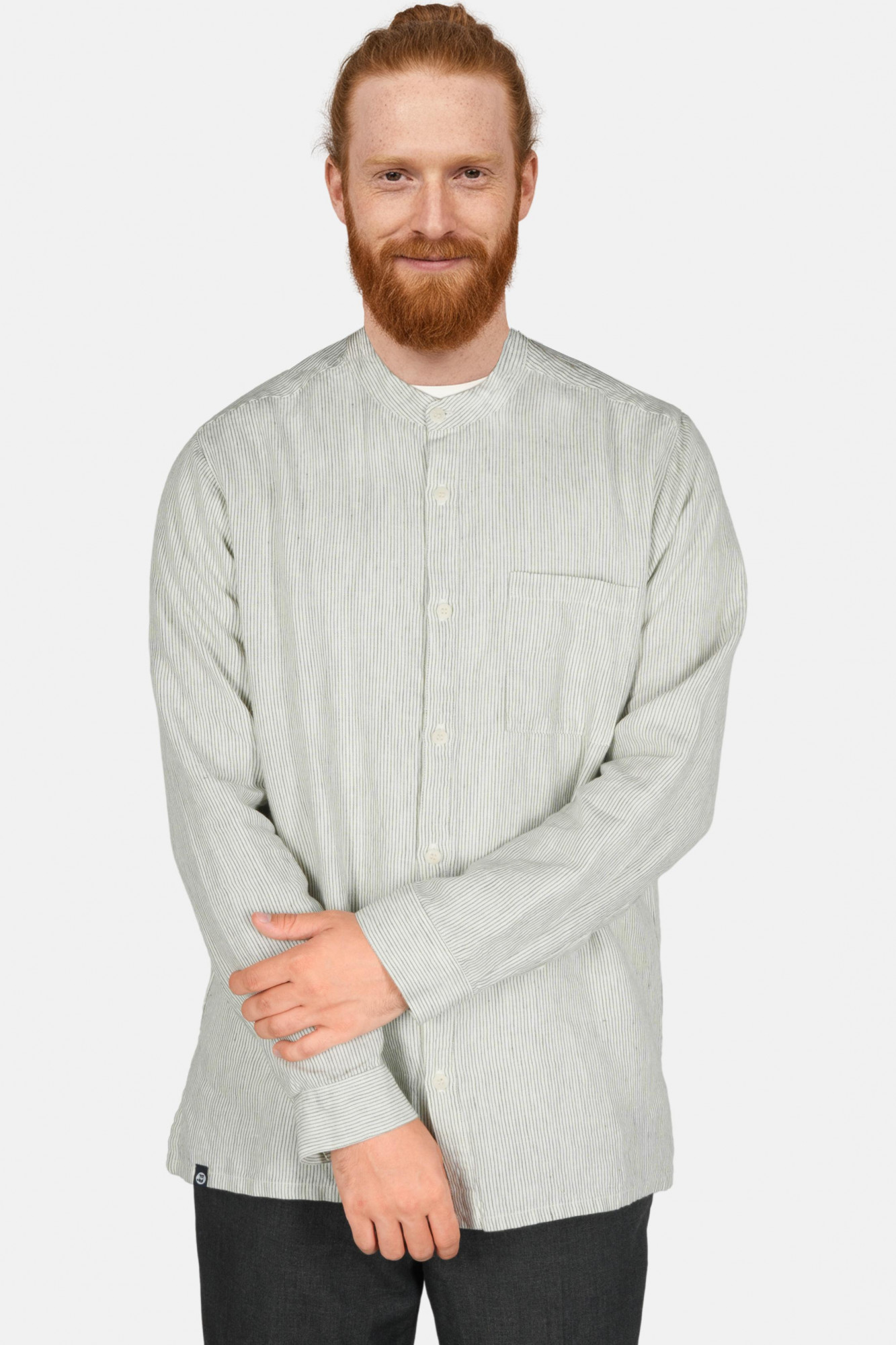 Hanseheld Leinenhemd LeinenLos! Herren Beige Gestreift Fischerhemd Stehkragen