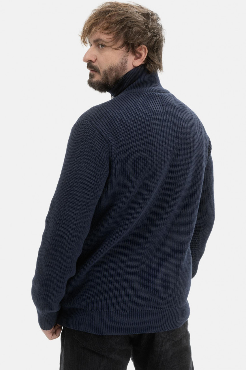 MELA Rippstrick Strickjacke TAKSH Herren Blau Navy Baumwolle Stehkragen Troyer GOTS Organic