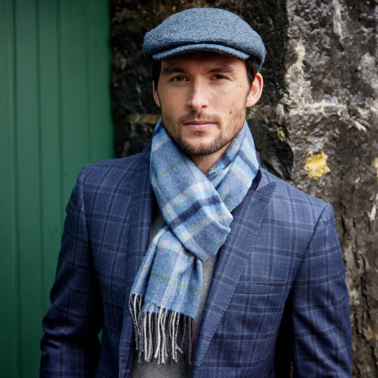 John Hanly Schal Merino Jeans Blau Karo