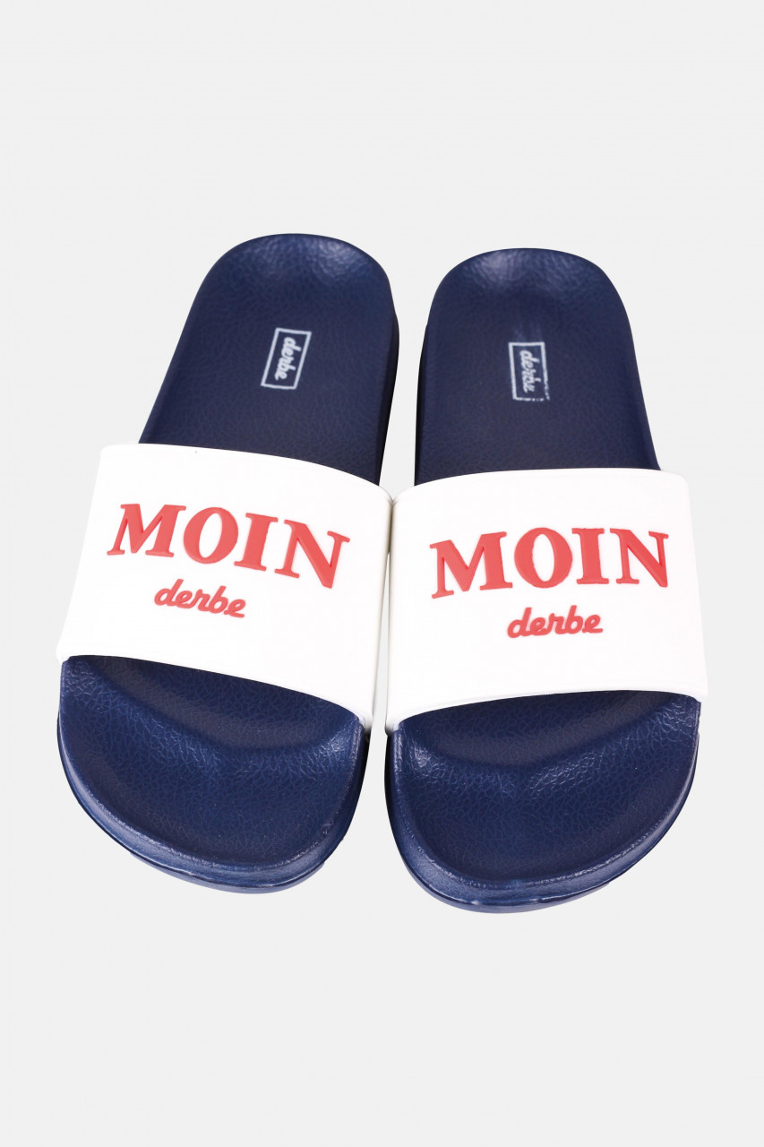 Derbe Buddellette Moin Schlappen Latschen Weiß Blau Rot