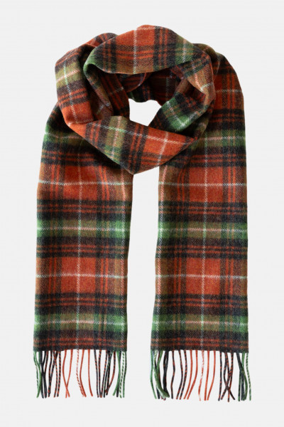 John Hanly Schal Irish Lambswool Rostrot Orange Grün Kariert Schottenkaro