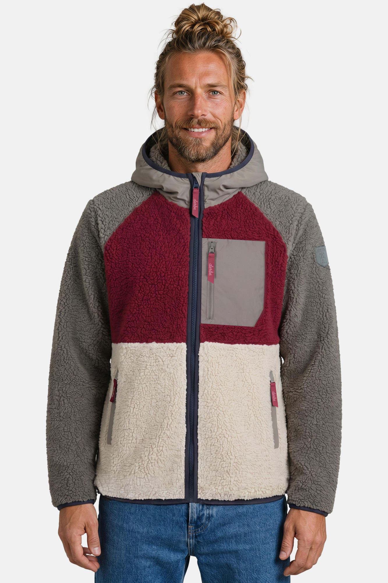 Derbe Herren Fleecejacke Kuschelby Rot Braun Beige Colorblocking Teddy