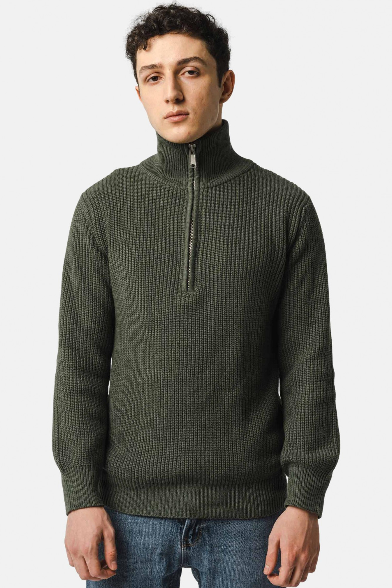 MELA Rippstrick Troyer UDAI Pullover Grün Melange Oliv Meliert Baumwolle