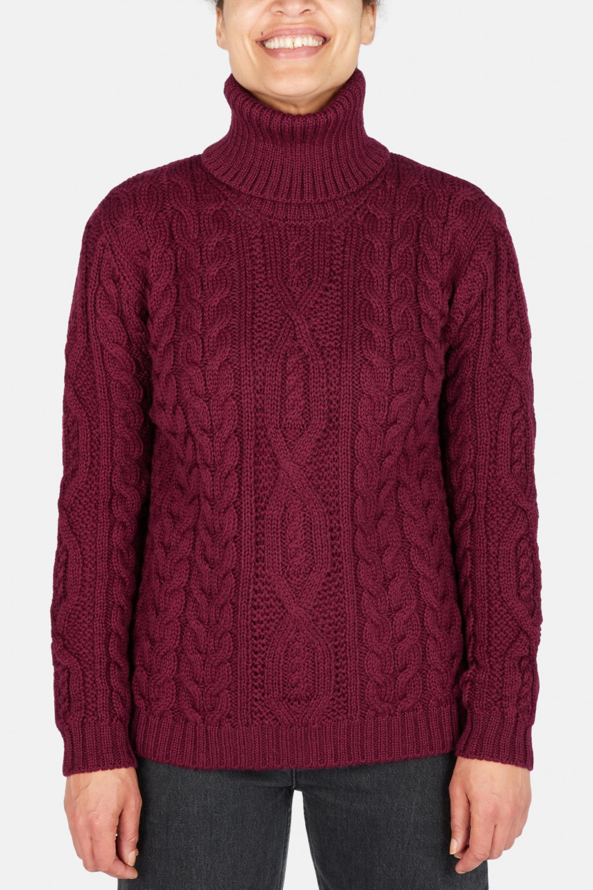 IrelandsEye Aran Pullover Juniper Damen Weinrot Claret Rollkragen