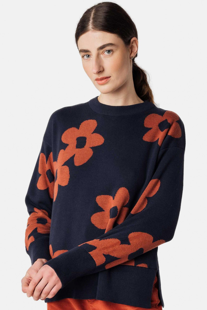 MELA Damen Pullover Faiza Blumen Navy Blau Rot