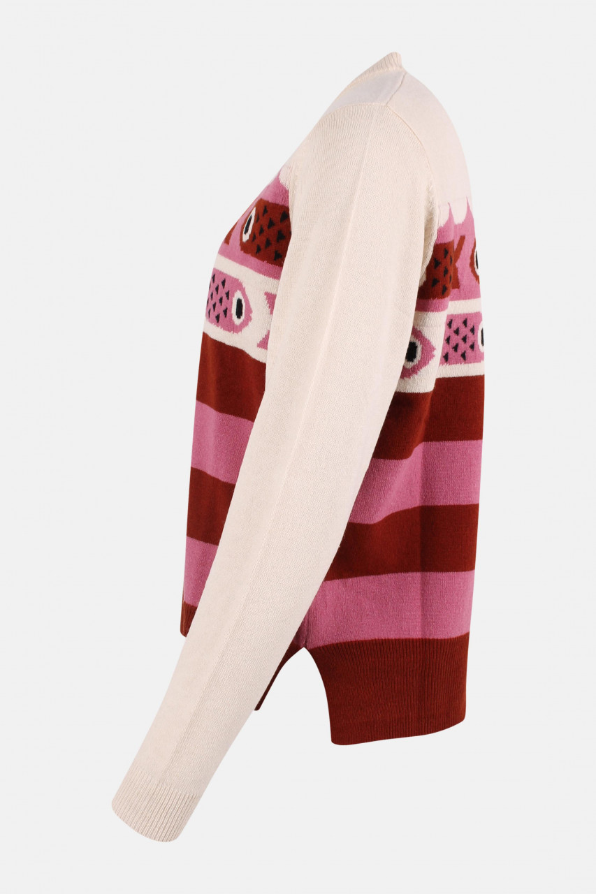Danefae Strickpullover Danesong Damen Weiß Pink Rot Streifen Fisch