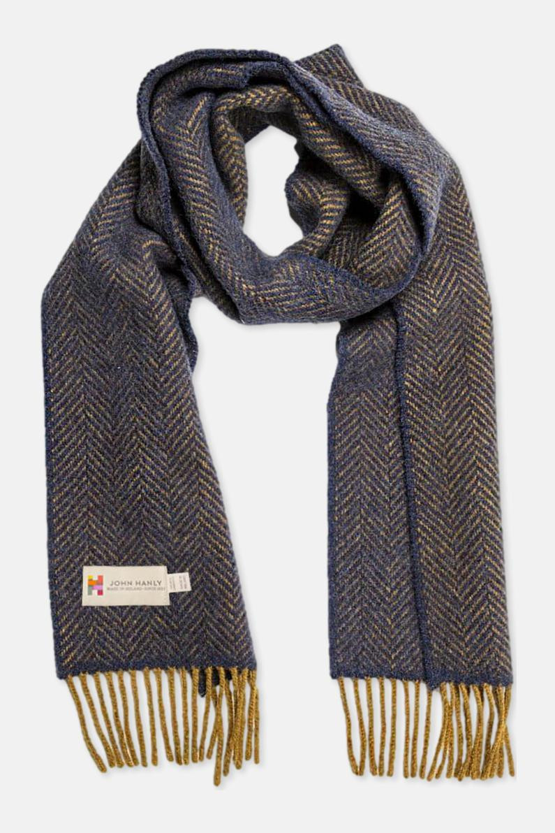John Hanly Schal Irish Merino Kaschmir Dunkelblau Gelb Herringbone