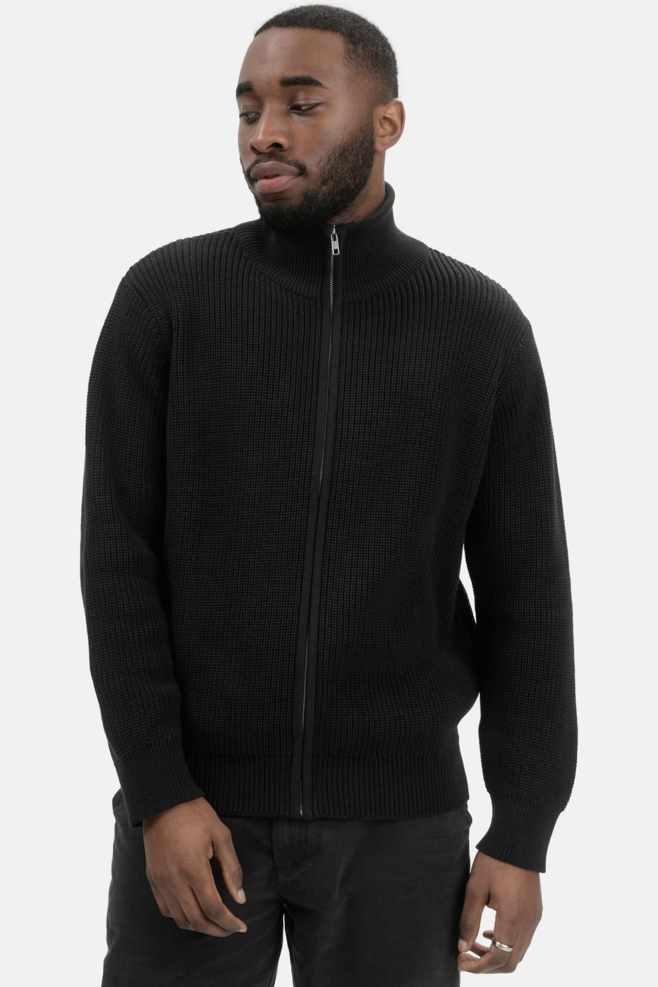 MELA Strickjacke TAKSH Herren Schwarz Baumwolle Stehkragen Troyer GOTS Organic