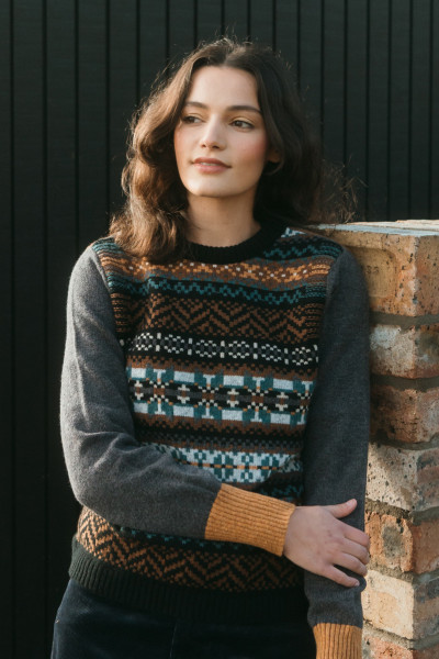 ERIBÉ Pullover Stobo Graffiti Damen Grau Gelb Fairisle Gestreift