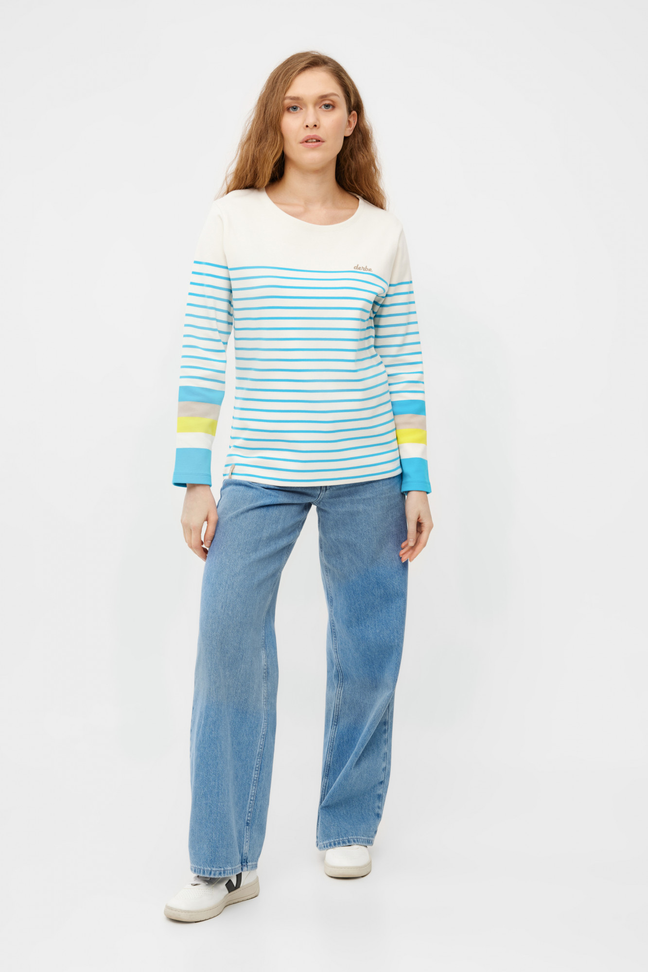 Derbe Streifenshirt Interstriped Block Damen Weiß Türkis Langarmshirt GOTS Organic