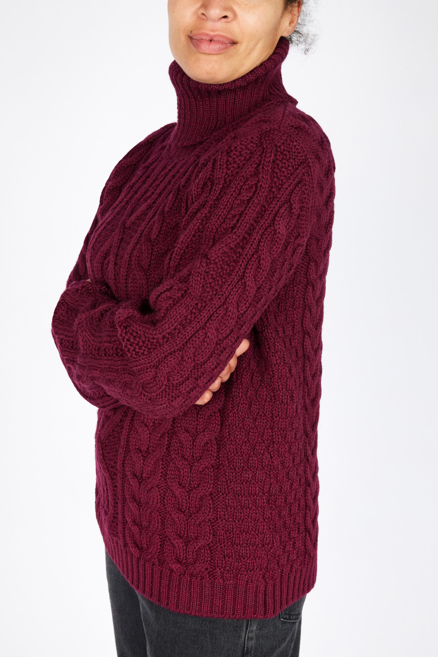 IrelandsEye Aran Pullover Juniper Damen Weinrot Claret Rollkragen