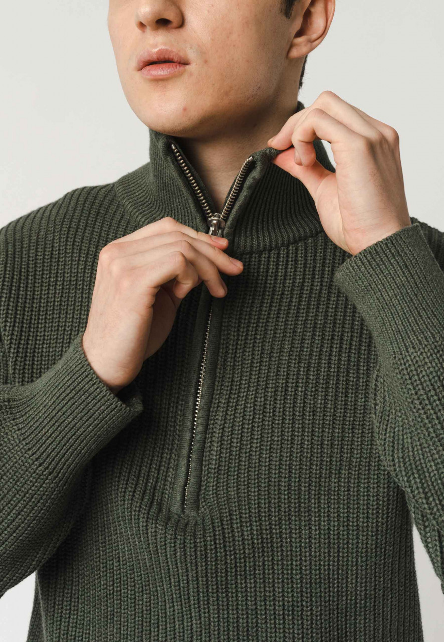 MELA Rippstrick Troyer UDAI Pullover Grün Melange Oliv Meliert Baumwolle