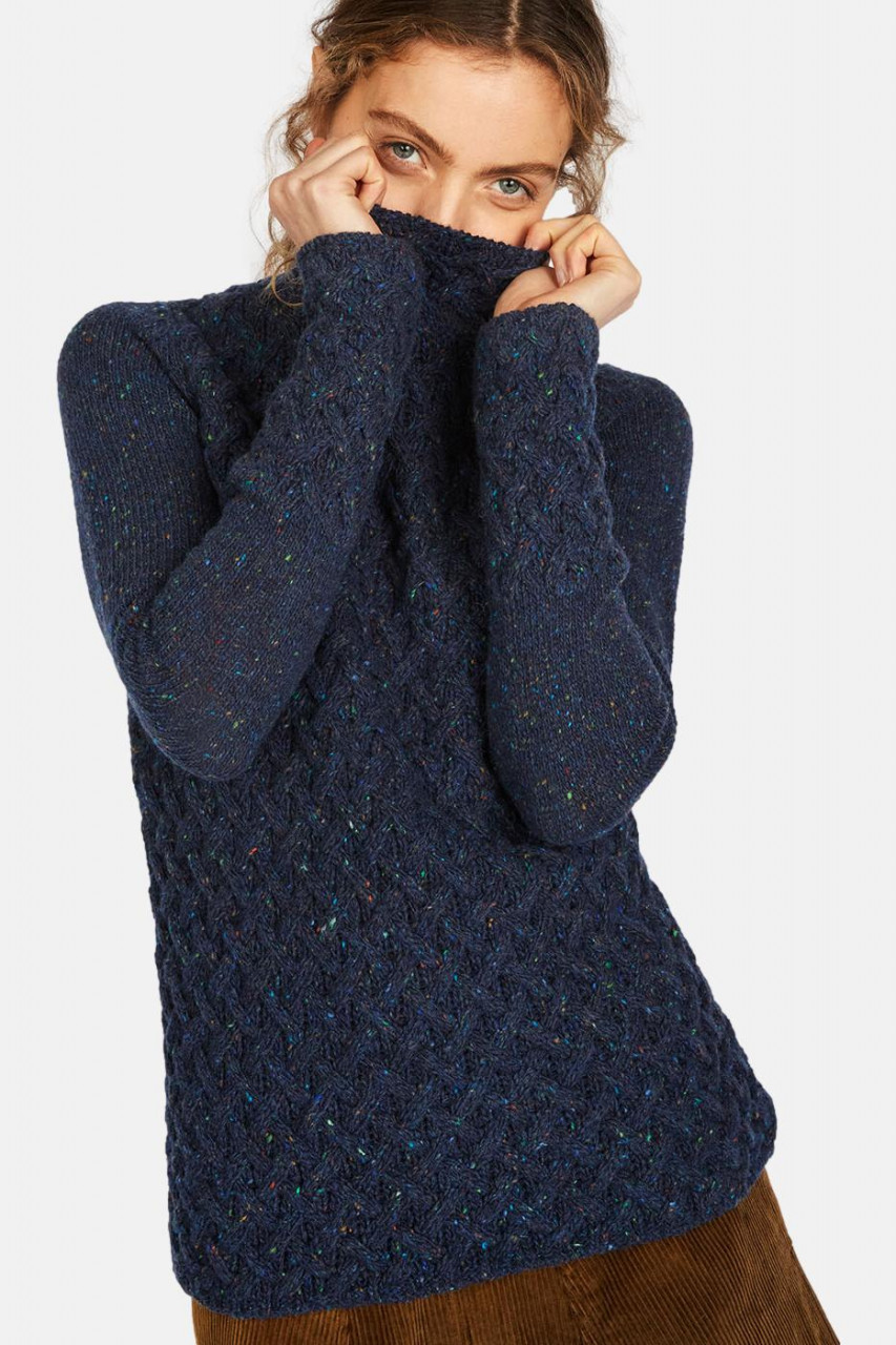 IrelandsEye Trellis Blau Damen Pullover Rollkragen Navy