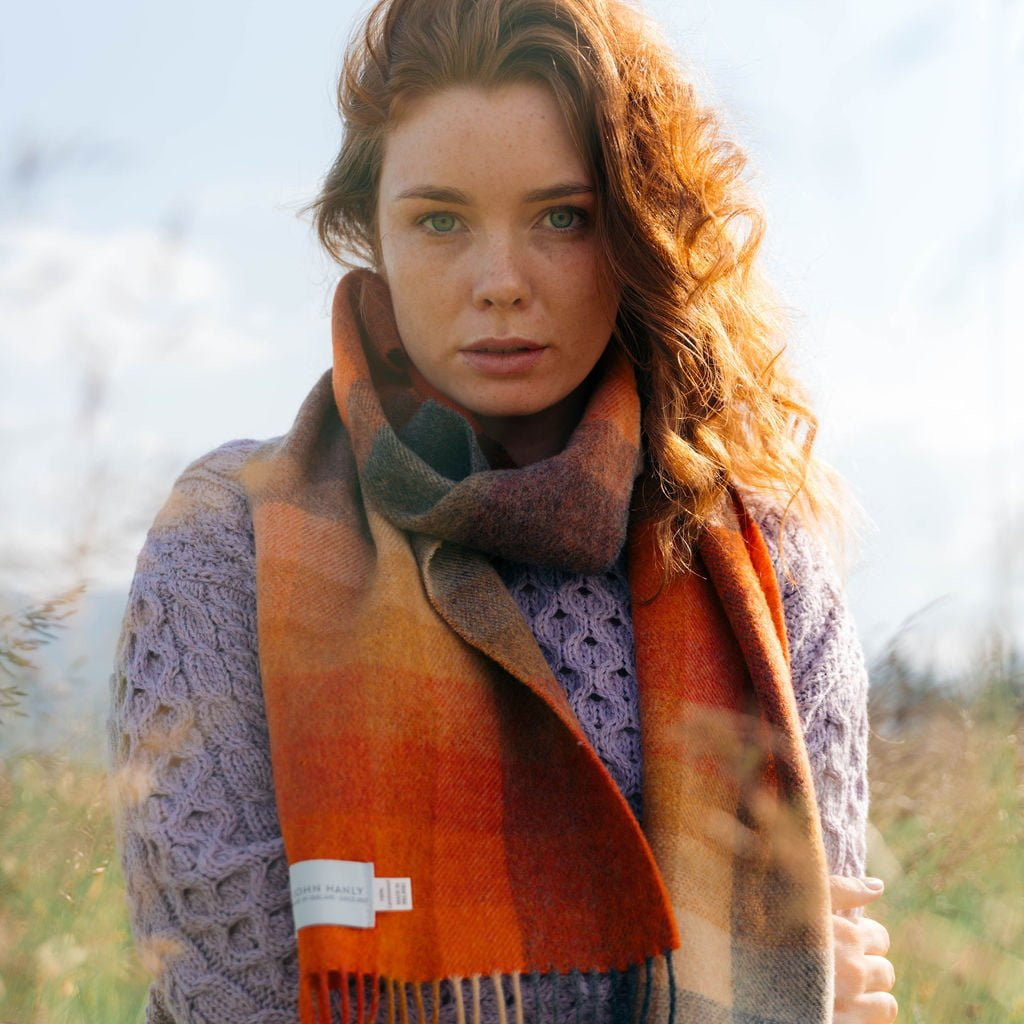 John Hanly Schal Irish Lambswool Orange Grau Beige Check
