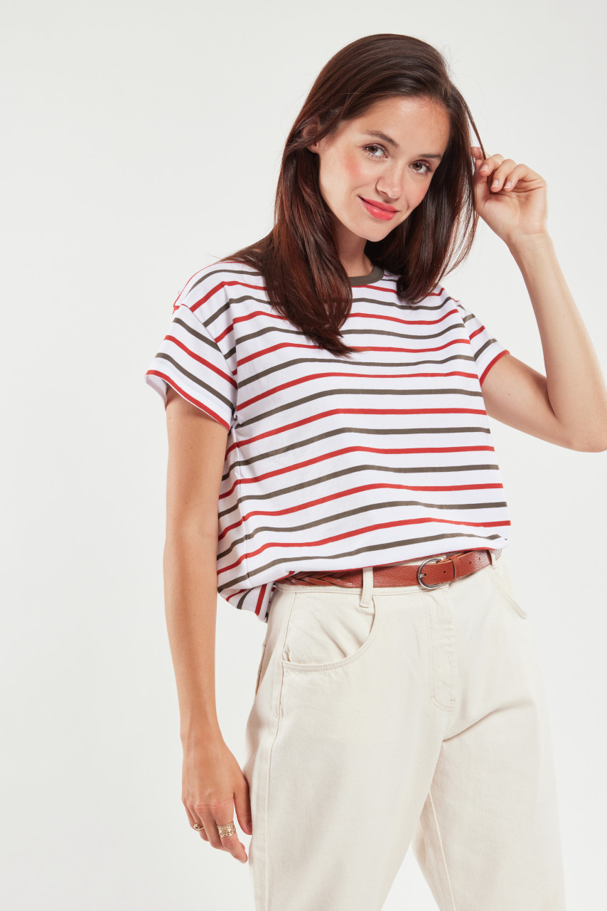 Armor Lux T-Shirt Damen Weiß Oliv Rot Mariniere Heritage