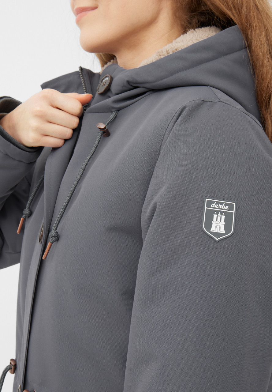 Derbe Winterjacke Friese Festholm Damen Grau Warm Gefüttert