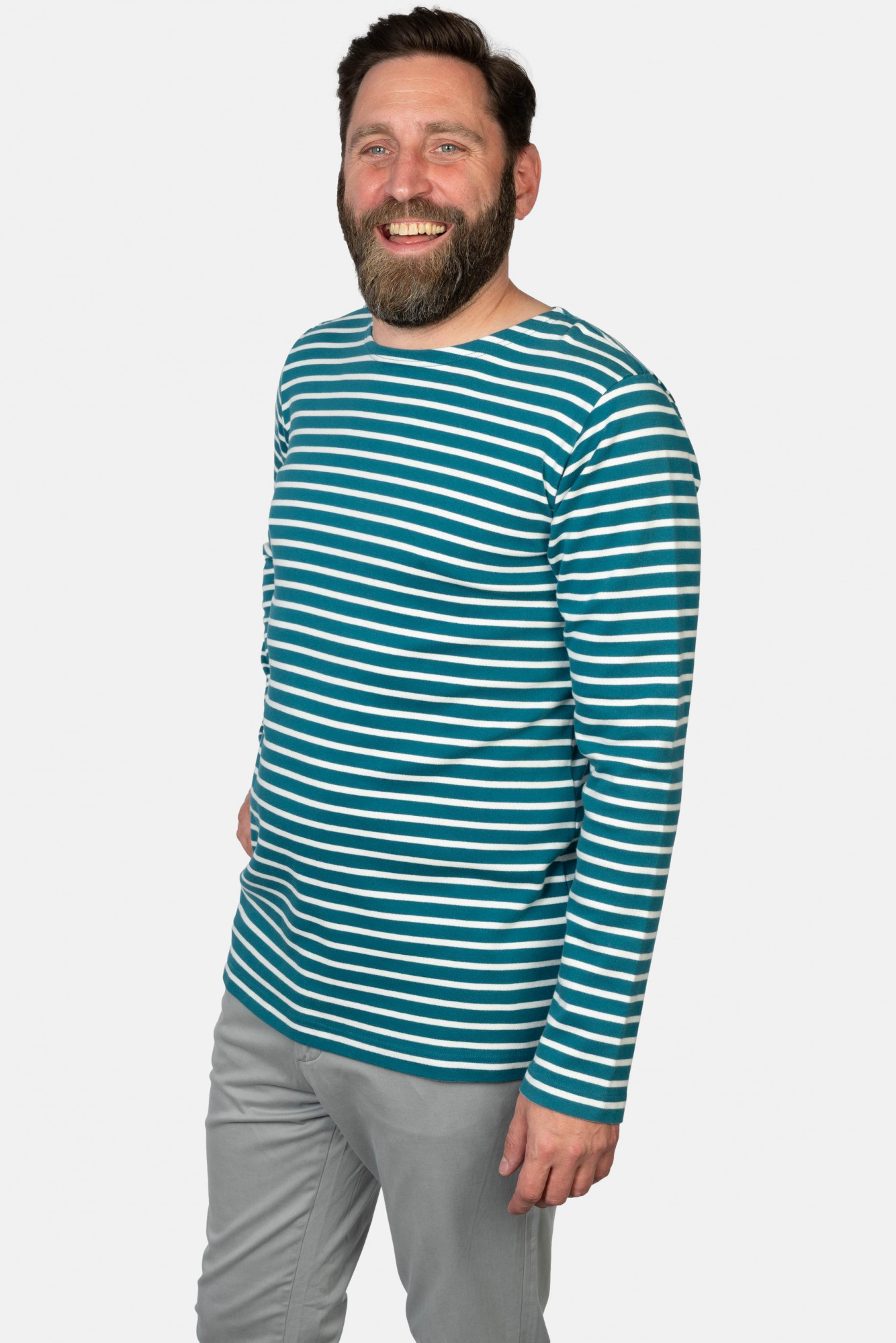 Hanseheld Streifenshirt Herren Petrol-Natur Langarm Blau Grün GOTS Organic