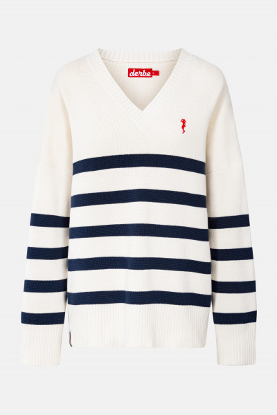 Derbe Kippes Damen Pullover Offwhite Navy Beige Blau Gestreift Strickpullover Baumwolle Nachhaltig Derbe Kippes Damen Pullover Offwhite Navy Beige Blau Gestreift Strickpullover Baumwolle Nachhaltig