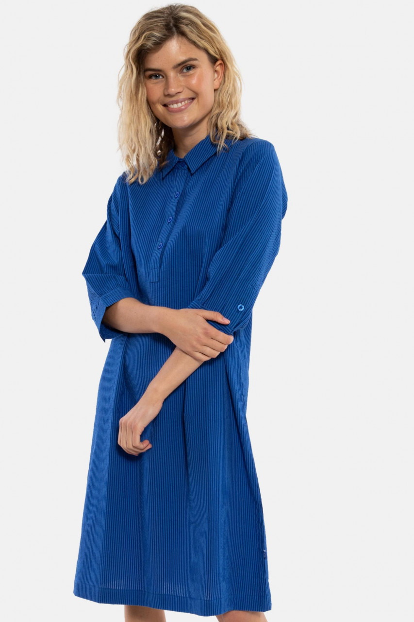 Danefae Danecarnation Damen Kleid Searsucker Blau Gestreift Blusenkleid Fischerhemd