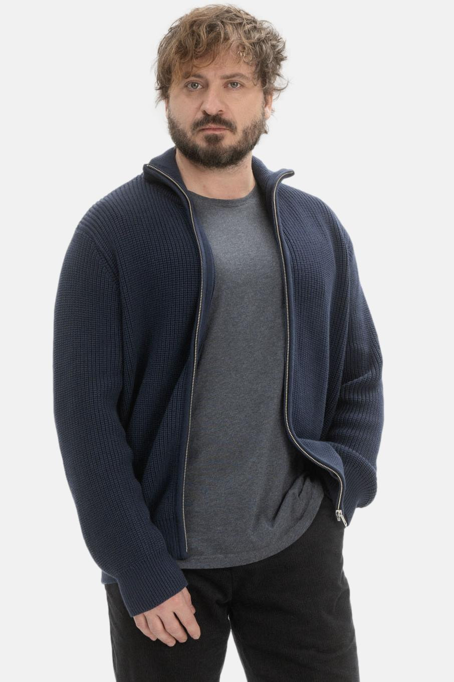 MELA Rippstrick Strickjacke TAKSH Herren Blau Navy Baumwolle Stehkragen Troyer GOTS Organic