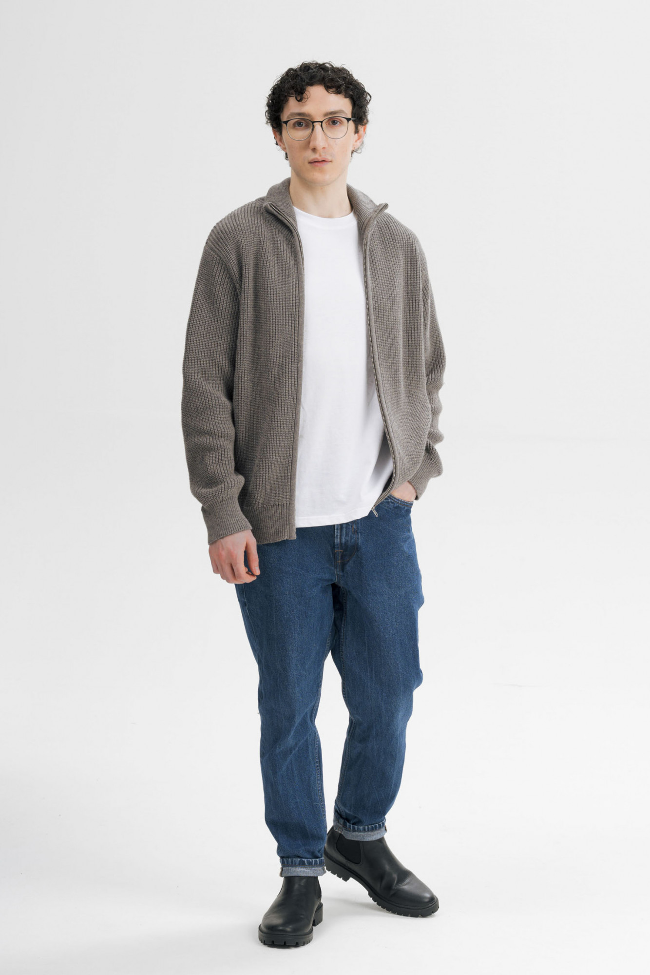 MELA Strickjacke TAKSH Herren Braun Meliert Baumwolle Stehkragen Troyer GOTS Organic