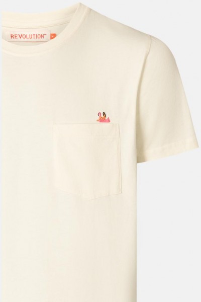 RVLT Revolution Fla Herren Embroidery T-Shirt Flamingo Stickerei Brusttasche Offwhite Beige
