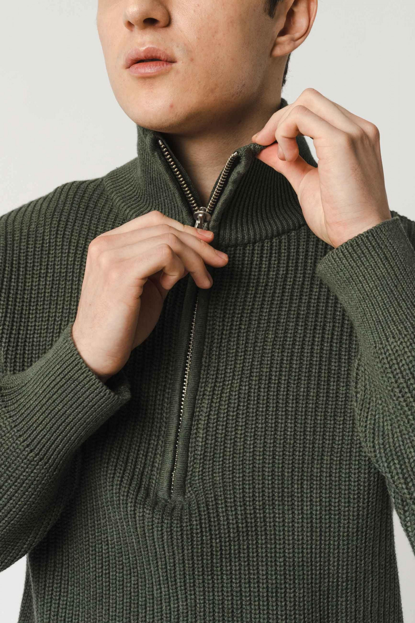 MELA Rippstrick Troyer UDAI Pullover Grün Melange Oliv Meliert Baumwolle