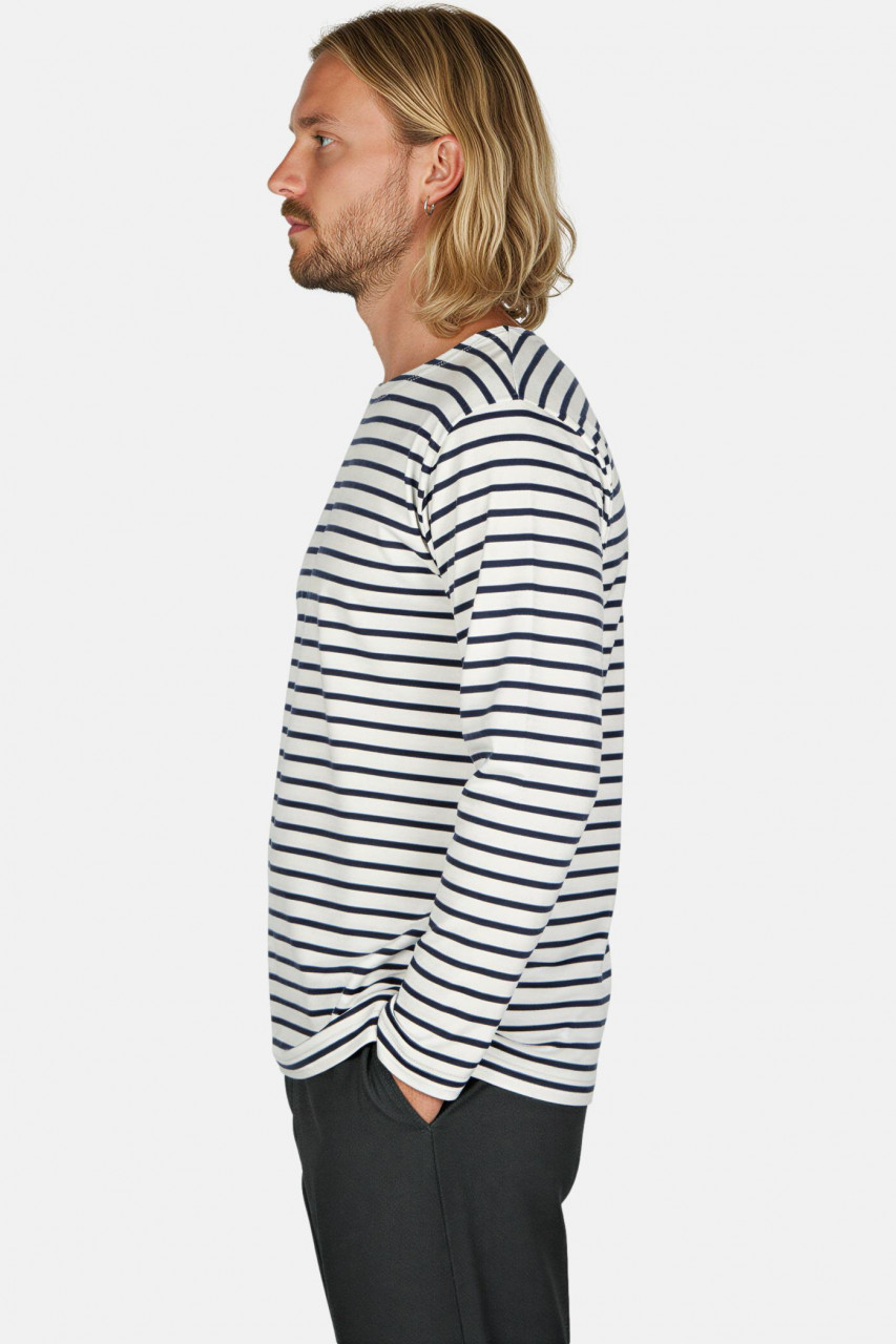 Hanseheld Streifenshirt Herren Natur-Marine Langarm Weiß Blau GOTS Organic