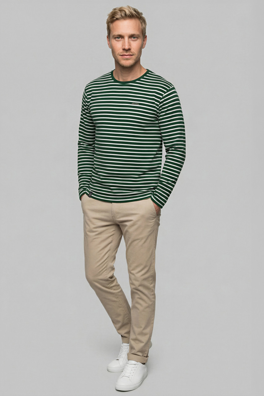 Derbe Streifenshirt Interstriped Herren Grün Weiß Langarmshirt GOTS Organic