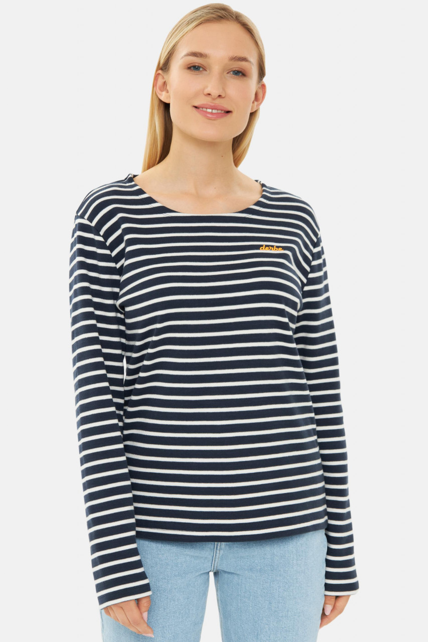 Model trägt Streifenshirt Dunkelblau Weiß Gestreift Interstriped von derbe