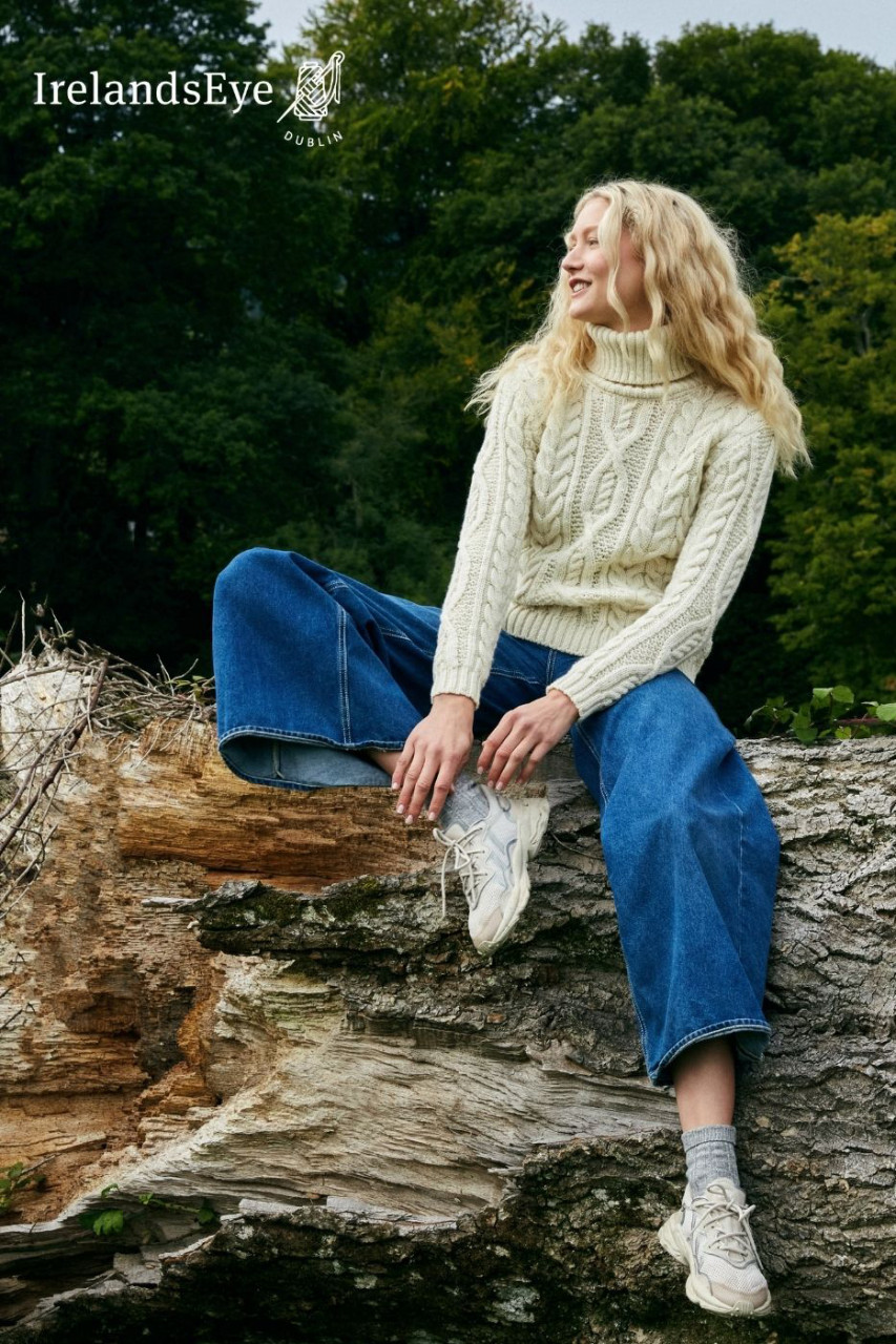 IrelandsEye Pullover Juniper Damen Weiß Beige Rollkragen Aran