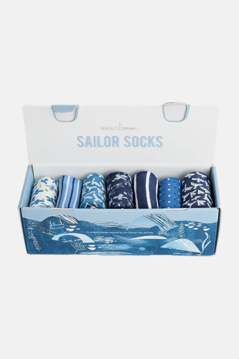 Seasalt Cornwall Damen Socken Geschenkbox Blau Women's Blueprint Box O'Socks Cliff Mist Mix Streifen