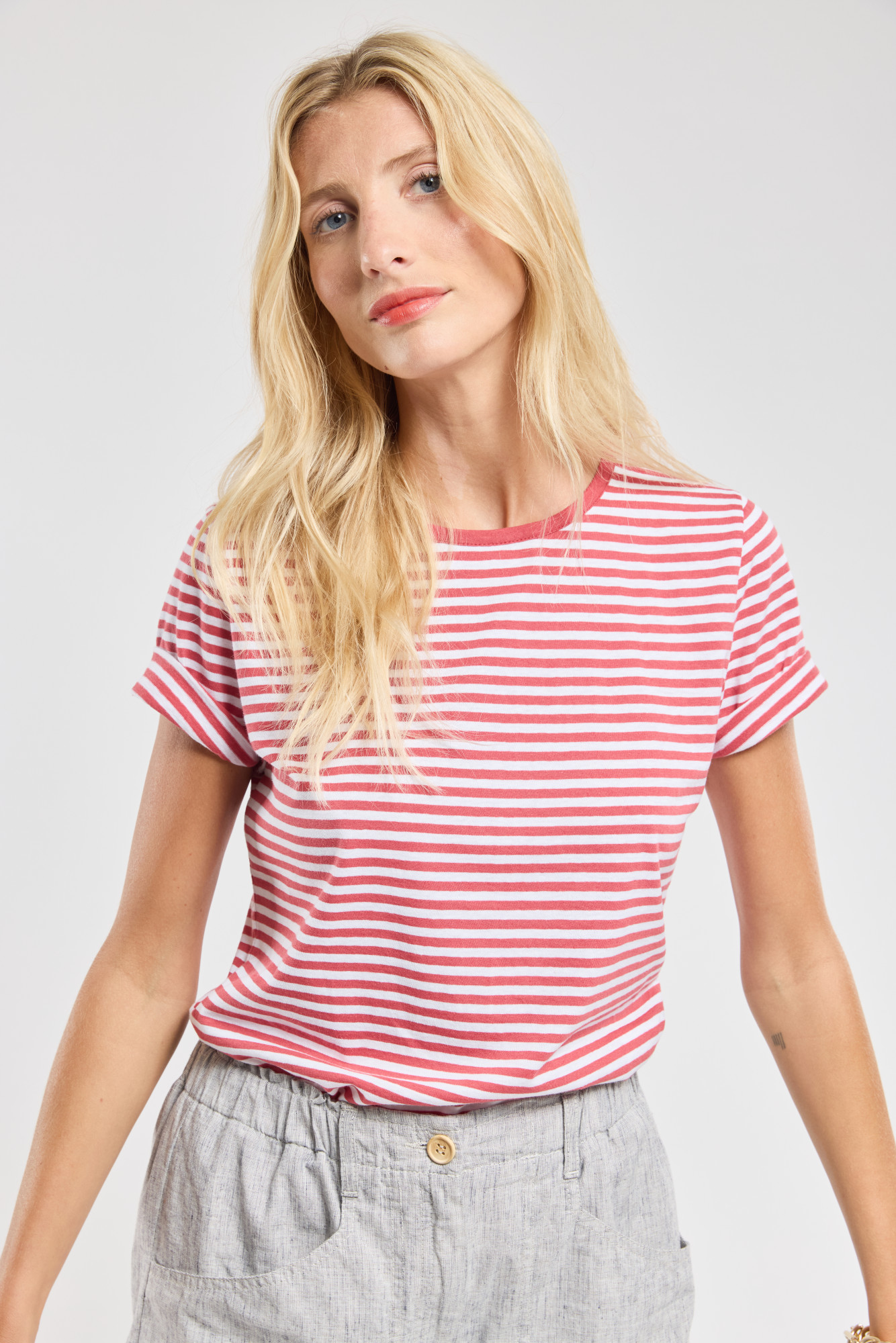 Armor Lux T-Shirt Damen Rosa Rot Weiß Leinen Mix Heritage