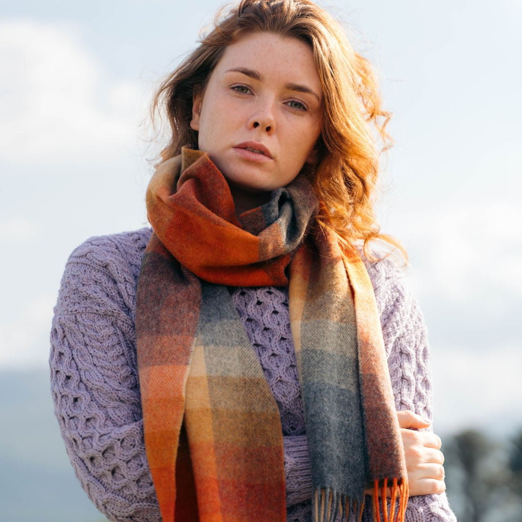 John Hanly Schal Irish Lambswool Orange Grau Beige Check