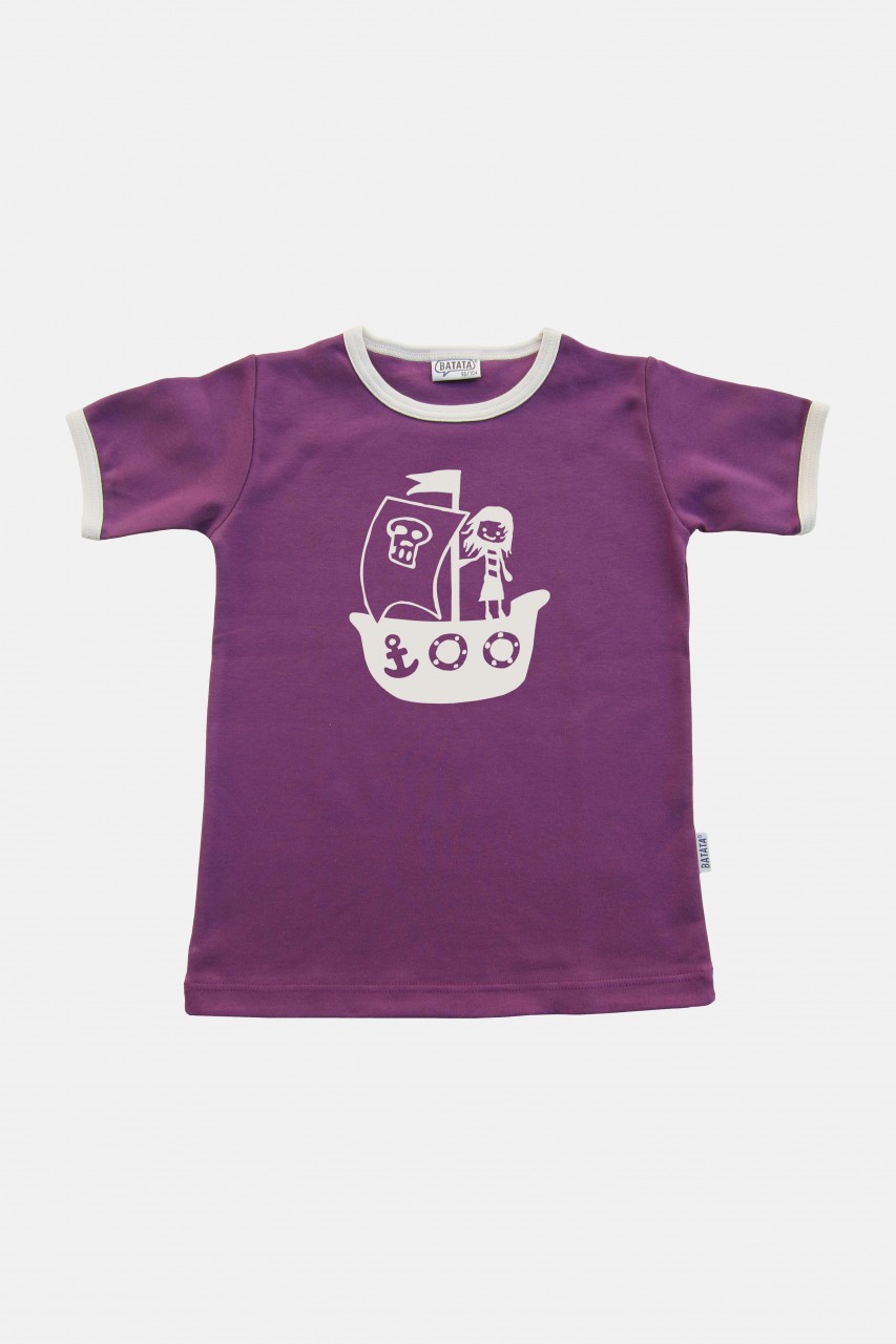 Kinder Kurzarm Shirt lila-weiß Motiv Piratin