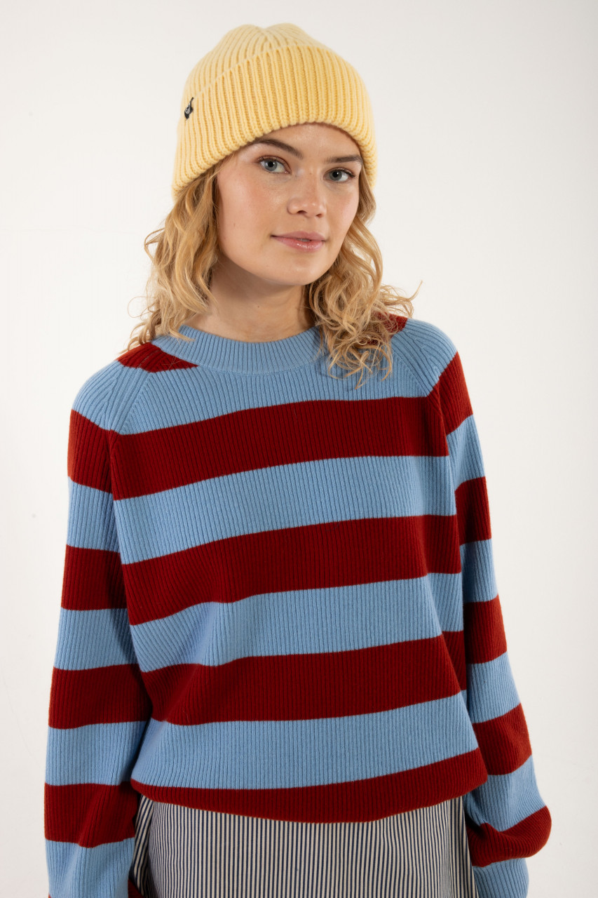 Danefae Strickpullover Danerelation Damen Hellblau Rot Streifen Chunky Rippstrick