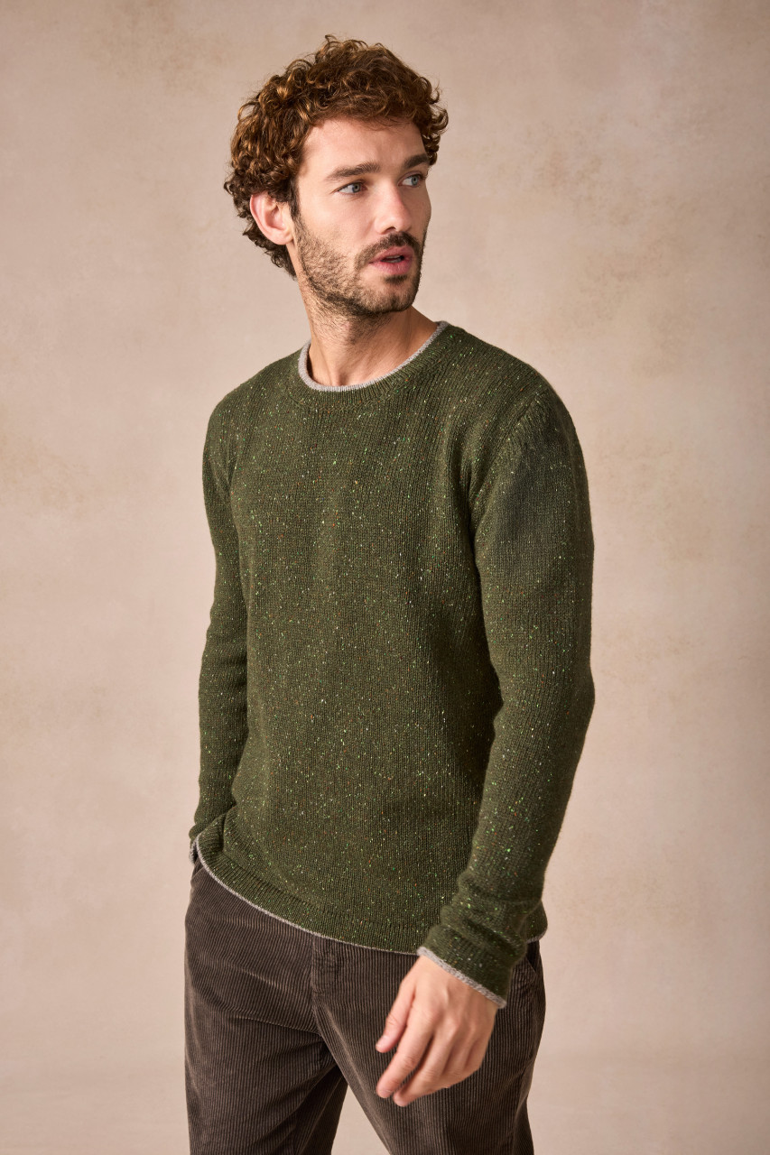 IrelandsEye Grobstrick Pullover Newstone Herren Oliv Grün Grau Donegal Meliert