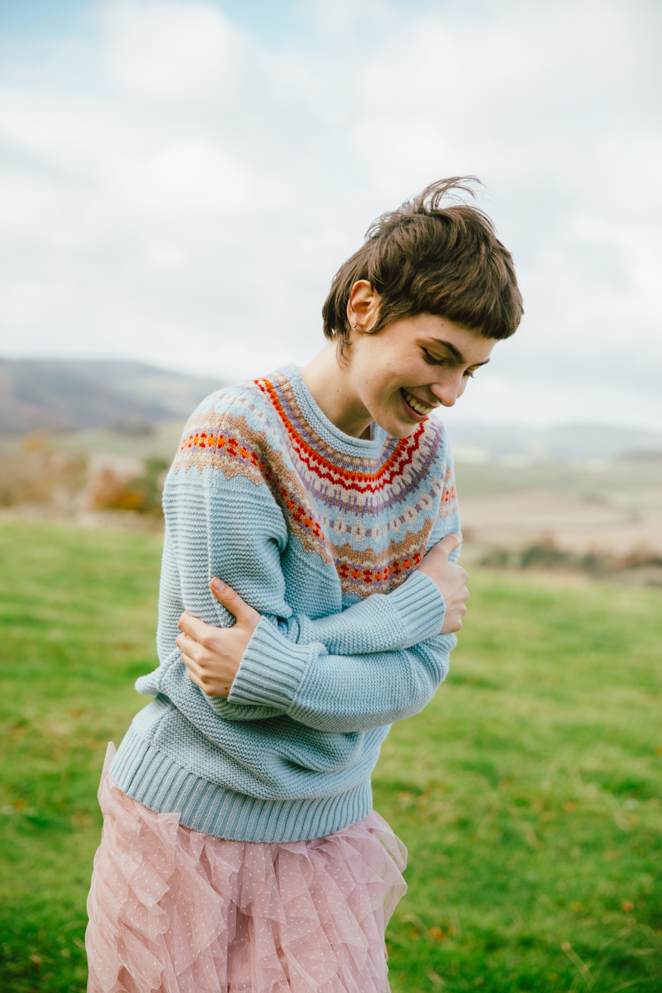 ERIBÉ Pullover Stoneybrek Damen Hellblau Orange Fairisle