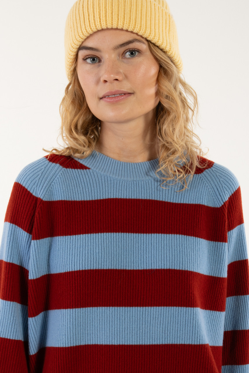 Danefae Strickpullover Danerelation Damen Hellblau Rot Streifen Chunky Rippstrick