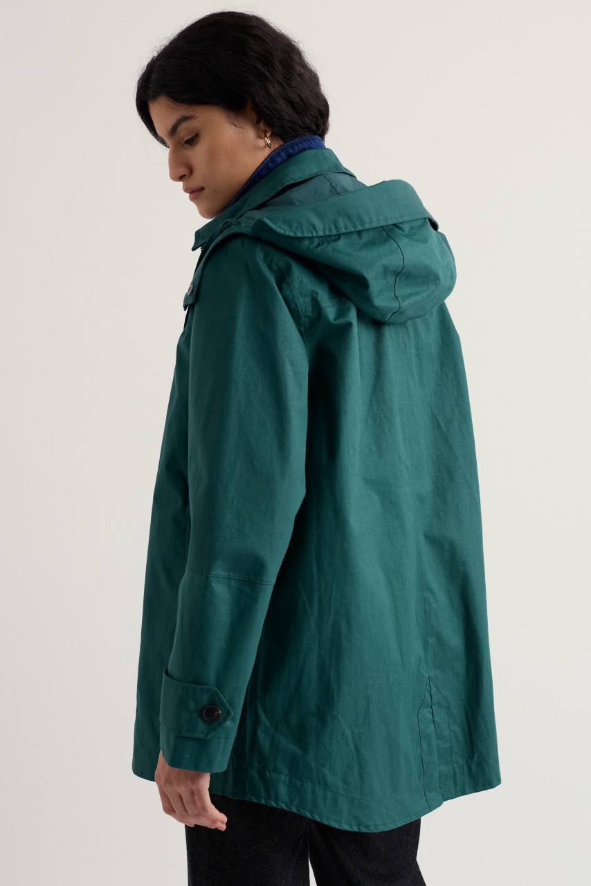 Model trägt Regenjacke grün - Rückseite