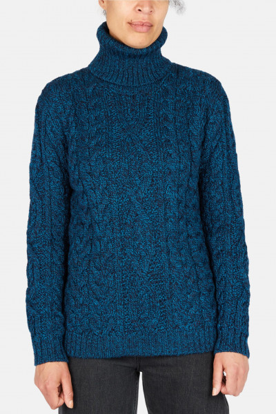 IrelandsEye Aran Pullover Juniper Damen Petrol Rollkragen Blau Türkis