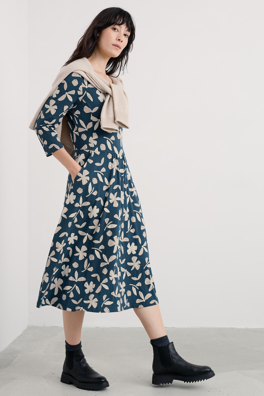 Seasalt Cornwall Kleid April Dress Organic Damen Petrol Beige Blätter und Blüten