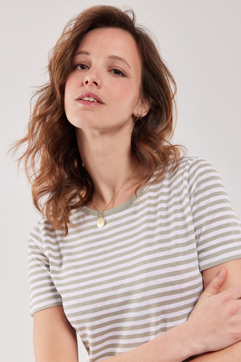 Armor Lux Damen T-Shirt mit Leinen Blanc Oyat Weiß Hellgrün