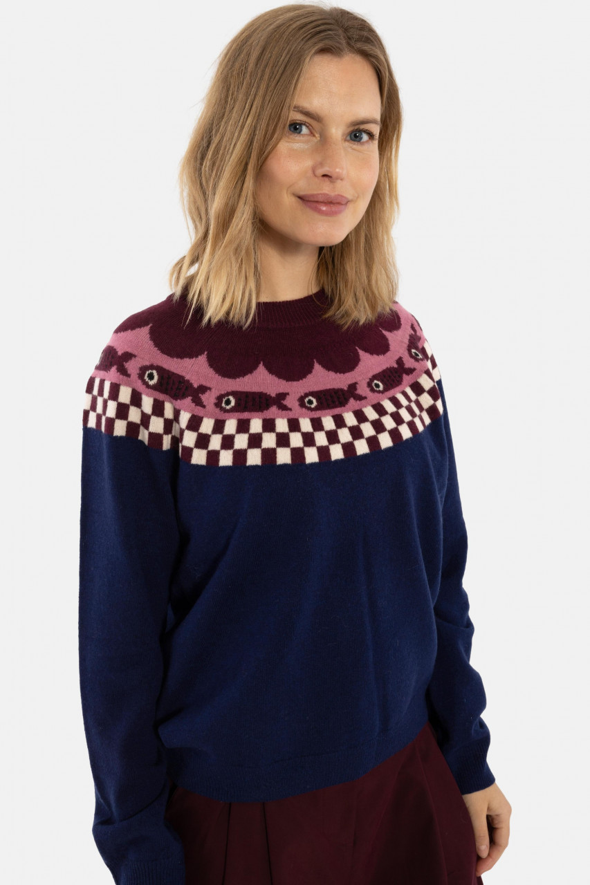 Danefae Strickpullover Danesidsel Damen Blau Rosa Braun Fairisle Fisch